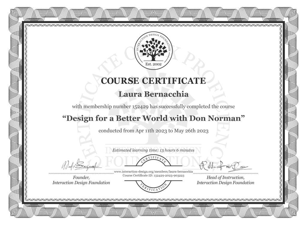 Course certificate "Design for a better world with Don Norman"